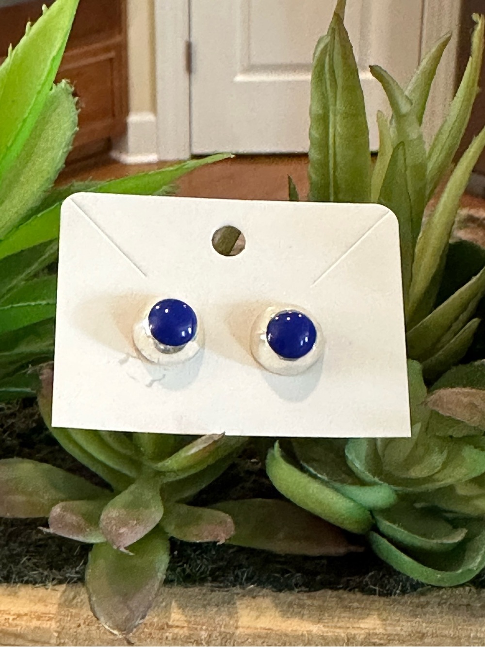 Vintage Sterling Silver 925 Cobalt Blue Cabochon Bezel Stud Earrings